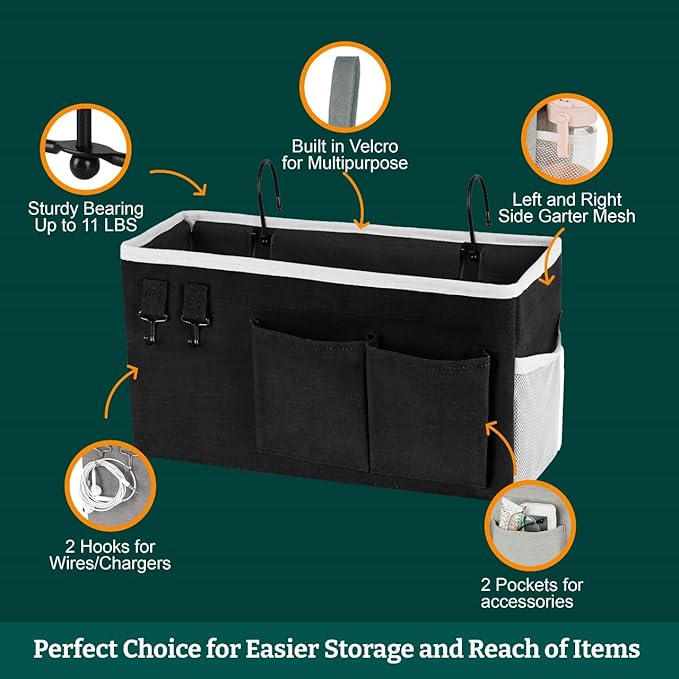 Bedside Caddy Organizer Hanging Storage Bag with Pockets for Books, Magazines, Phone, Tablet & Water Bottle – 2-Pack Bedside Storage for Dorm Rooms, Bunk Beds, Hospital Beds & Cribs, Black