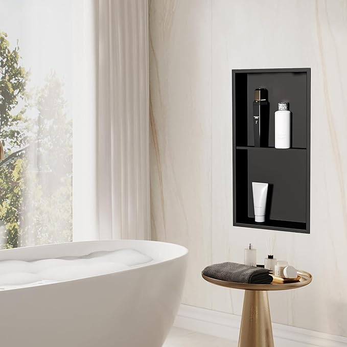 BATHFINESSE Shower Niche 24" X 12" Black, Stainless Steel Wall Niche Double Shelves Recessed Shower Shelf for Bathroom Storage, No Tile Needed Over Mount Installation