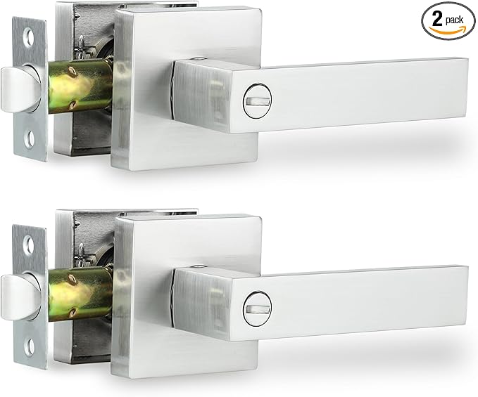 Door Lever, Heavy Duty Interior Door Handles for Bathroom & Bedroom Privacy Door Lock Handle Keyless Door Knobs in Satin Nickel for Right & Left Sided Doors, 2 Pack