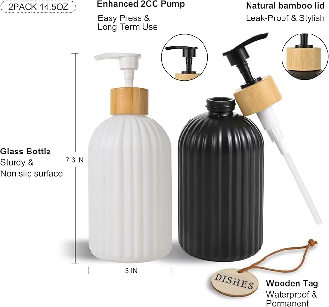2 Pack ViserVita Glass Hand Soap Dispenser Set with Bamboo Pump, Elegant Refillable Liquid Dish Soap Dispenser, Perfect for Kitchen Sink and Bathroom Decor