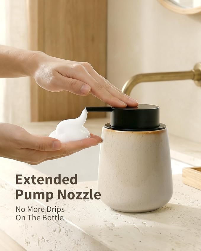 BosilunLife Foam Hand Soap Dispenser - 12 oz Bathroom Hand Pump Dispenser Foaming Soap Dispenser Ceramic Dish Liquid Dispenser for Kitchen, Greige with Speckle
