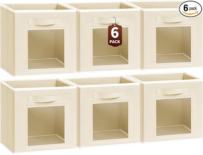 Storage Baskets for Organizing - 6 Pack Cube Storge Bins, Foldable Storage Bins with Handle, Closet Organizers and Storage Baskets for Toys, Clothes, Beige