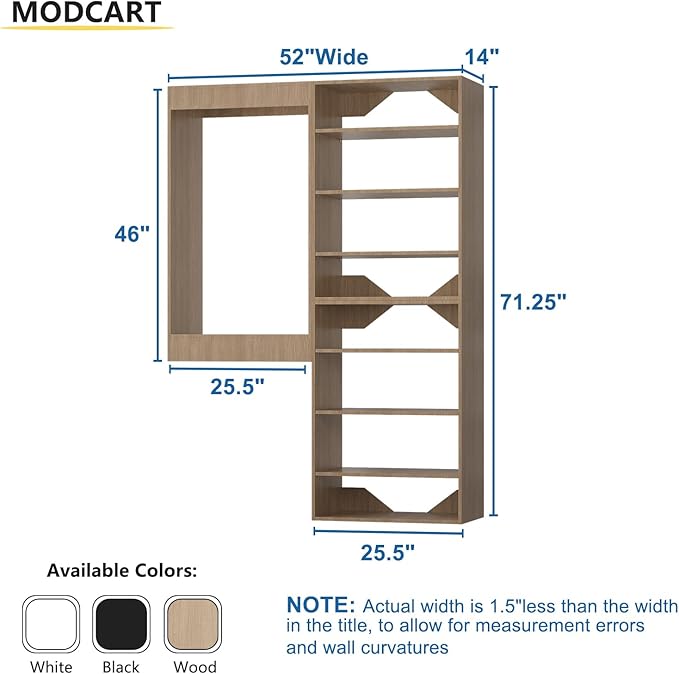 Modular Closet Organizer, 55" Wide with Towers and Hanging, Wood Tower Storage for Walk In Closets, Wall Mounted Wardrobe Organizer