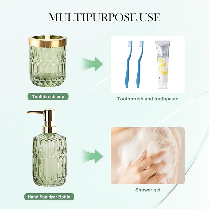 Glass Bathroom Accessories Set, 2PCS Clear Glass Bathroom Accessory, Toothbrush Holder and Soap Dispenser Set for Modern Bathroom Decor(Green)