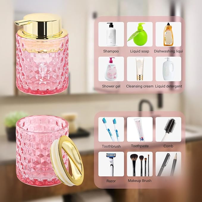 Bathroom Accessories Set, 3pcs Pink Glass Bathroom Accessory Set,Toothbrush Holder, Foaming Soap Dispenser and Tumbler, Gold Bathroom Decor Sets for Organizer, Home Apartment Gift