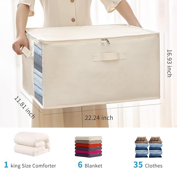 3-Pack Large Canvas Comforter Storage Bags for Clothes Sweater Clothes Organizer with Dual Zipper Three Carrying Handles for Blanket Closet Storage Container