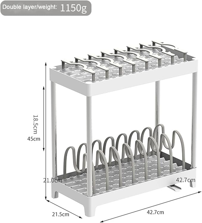 Double-Layer Pot and Pan Lid Organizer with Drainage, Adjustable 16 Compartments for Kitchen Cabinets - Bakeware, Cookware, Cutting Boards & Dishes (Khaki Gray)