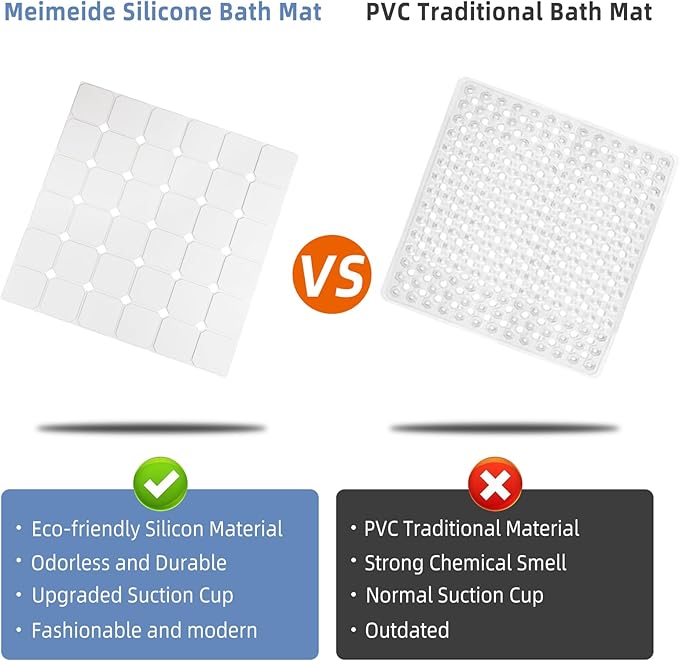MEIMEIDE Shower Mat Non Slip 21"x21" Silicone Foldable Bath Mat with Suction Cups & Drain Holes, Odorless, Eco-Friendly & Durable, Machine Washable Shower Stall Mat for Adults, Seniors White