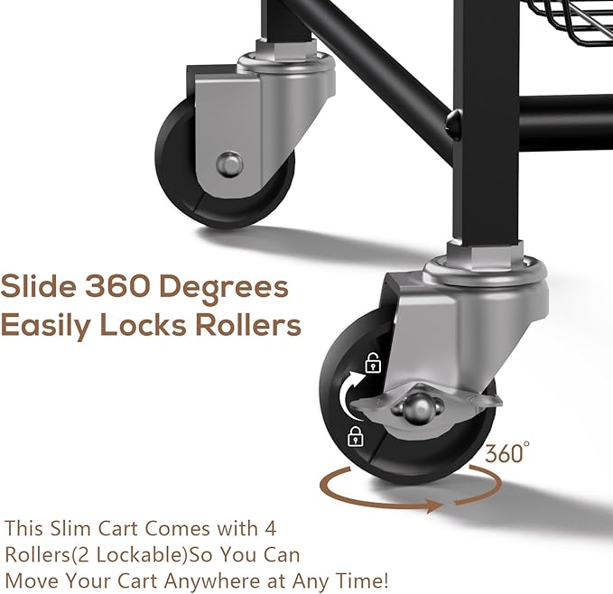 4 Tier Slim Rolling Storage Cart with Pull-Out Baskets, Narrow Sliding Storage Slim Laundry Rolling Cart Between Washer and Dryer