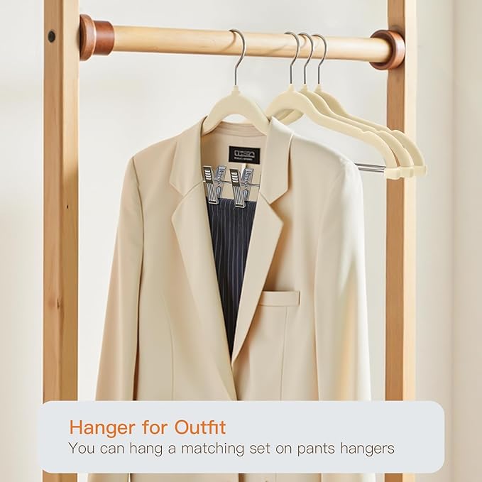 Flottian 36 Pack Beige Velvet Pants Hanger,Velvet Hangers with Clips Adjustable,Space-Saving Slim Flocked Hanger,Heavy Duty Non Slip Hangers for Skirts,Coats,Pants,Dress