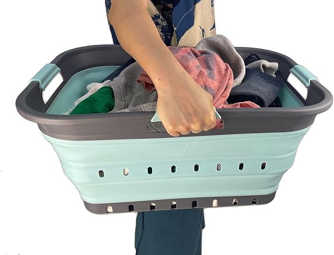 SAMMART 42 (11 Gallons) Collapsible Plastic Laundry Basket, Foldable Pop Up Storage Container/Organizer, Space Saving Hamper, Portable Bin for Dorm Room Bathroom (1, Grey/Lake Green)