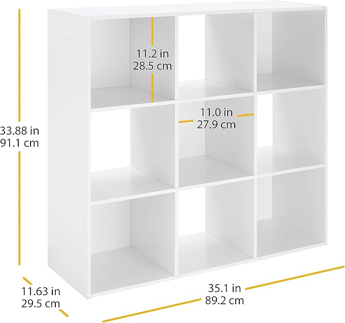 Whitmor 9 Cube Storage Organizer, 3 Tier Stackable MDF Bookcase, Open Storage Display Bookshelf, Storage Cabinet for Living Room, Bedroom, Home, Office, 35.5" L x 11.7" W x 35.5" H, White