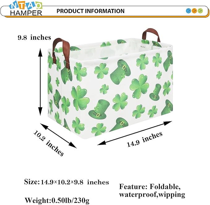 Rectangular Four Leaf Clover Lucky Gift Basket,St. Patrick's Day Toys Storage Bin for Kids,Baby Room Decor(Clover)