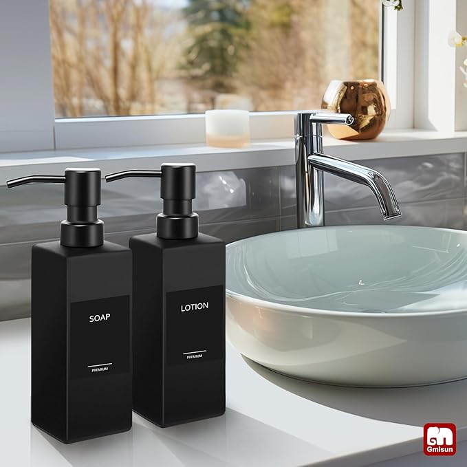 GMISUN Black Soap Dispenser Bathroom, Glass Hand Soap Dispenser with Stainless Steel Pump, 12 fl oz/350ml Refillable Dish Dispensers for Kitchen, Modern Liquid Lotion Bottles for Bathroom Countertop