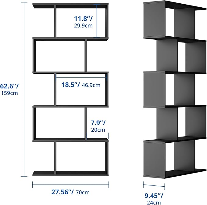Cozy Castle Set of 2 Geometric Bookcase, S-Shaped Modern Bookshelf, Room Divider Bookshelf, 62" Tall Unique Abstract Bookcase with 5-Tier Display Shelf for Living Room Office, White & Black