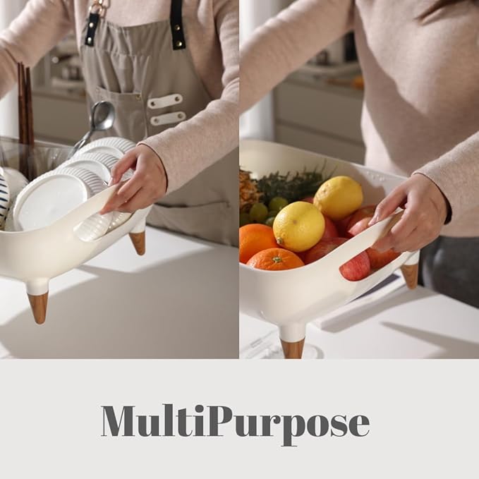 Dish Drying Rack, Modern Sink Drainer with Strainer extenable spout, Pots & Pans, Space Saving Kitchen Dish Racks, Kitchen Counter Dish Drainer Off White escurridor de cocina platos