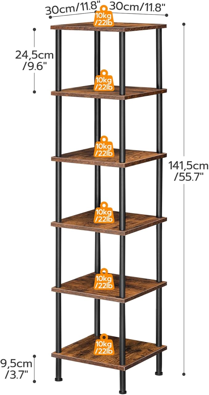 HOOBRO 6-Tier Corner Shelf, Corner Square Rack Display Shelf, Tall Storage Rack Plant Stand, Bookcase for Small Spaces, Living Room, Home Office, Kitchen, Rustic Brown and Black BF55CJ01