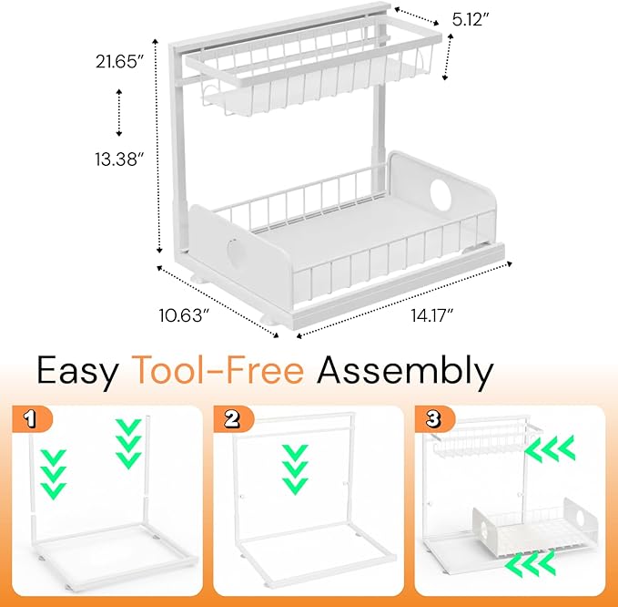 Under Sink Organizer, 1 Pack, 2 Tier Pull Out Sliding Shelf, Adjustable Height, Heavy Duty, Cabinet Organizer for Kitchen Bathroom, Tool-Free Install, White