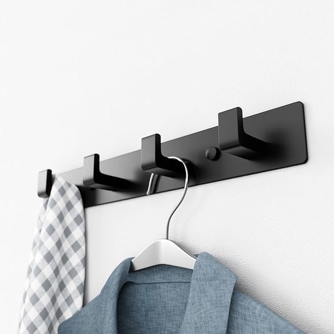GWAAZXGZ Black Coat Rack Wall Mount - 12.5 inch Modern Metal Hook Rail with 4 Right-Angle Hooks, Drill-Mounted Organizer for Coats, Hats, Bags in Entryway, Bathroom, Bedroom (2 Pack)