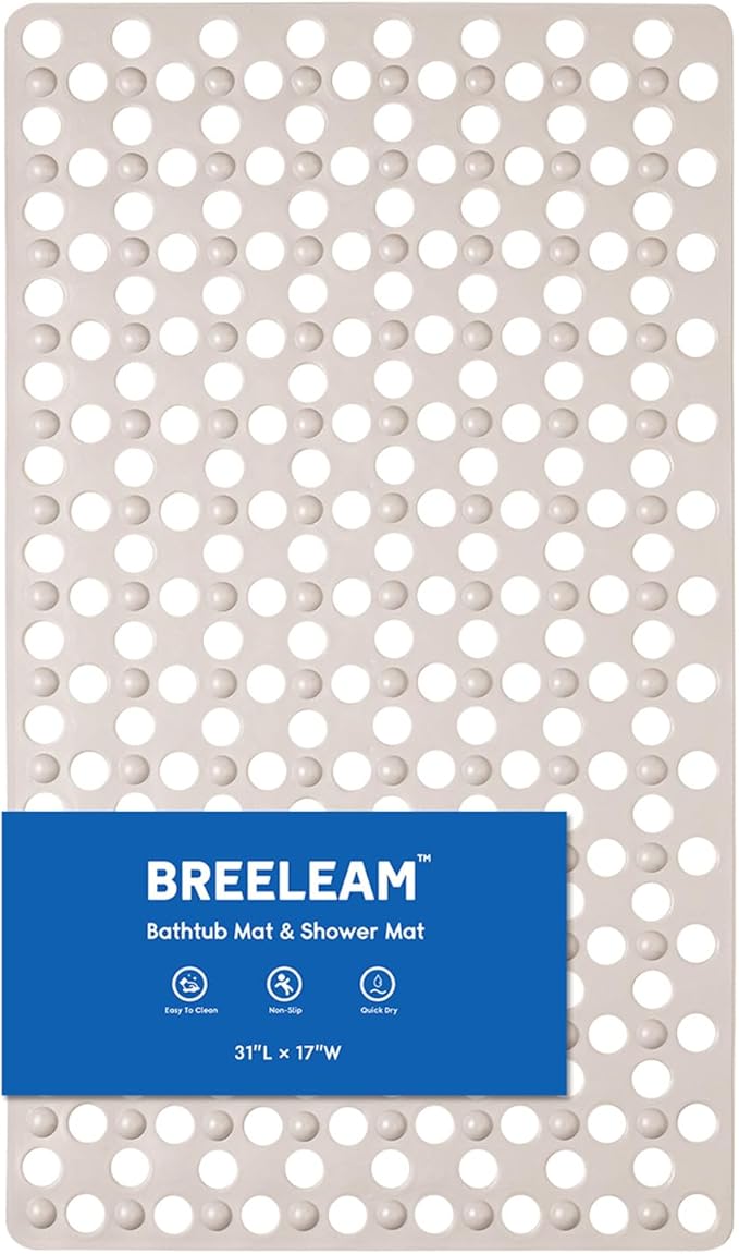 BREELEAM Non Slip Bathtub and Shower Mat 31x17 inch,Bath Mat with Quick Dry Drain Holes and Suction Cups, Soft Comfortable Safe Bathroom Mat for Bath Tub, Floor, Tile (Khaki)