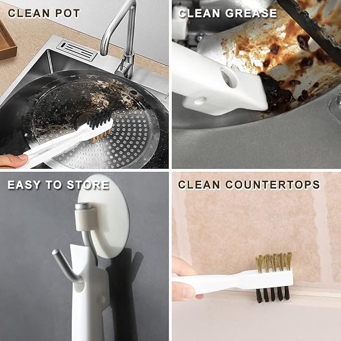 Kitchen Cleaning Scrub Brush - Deep Gas Stove Brass Wire Brushes with Stiff Bristles & Cooktop Scraper, Scrubber for Range Hood Grease Grime, Rust Cleaner for Pot Pan, Household Cleaning Tools