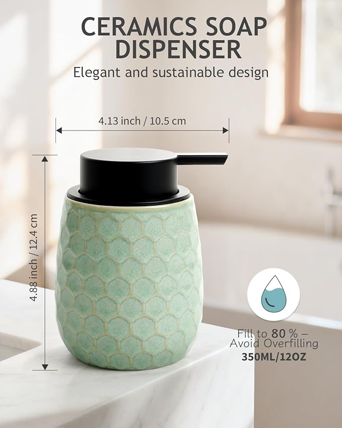 Soap Dispenser, 12 OZ Ceramic Liquid Hand Soap Dispenser with Honeycomb Design for Kitchen or Bathroom, Refillable Dish Lotion Dispenser, Green, ANTIS'S HOME