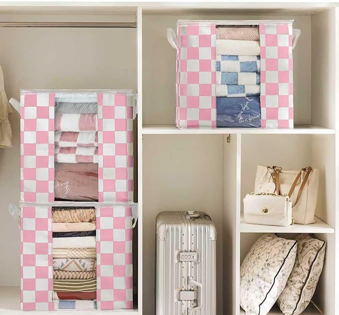 Pink Checkered Clothes Storage Bins, 100L Large Blanket Storage Bags 3 Pack, Closet Organizers and Storage Containers for Comforters, Bedding, Foldable Organizer with Handle