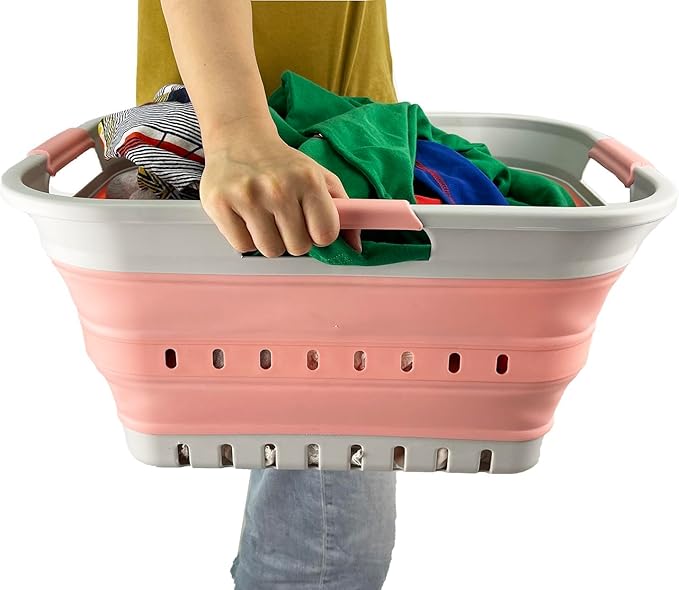 SAMMART Collapsible Plastic Rectangular Laundry Basket - Foldable Pop Up Storage Container/Organizer - Portable Laundry Hamper - Space Saving (Grey/Quartz Pink, 30L)