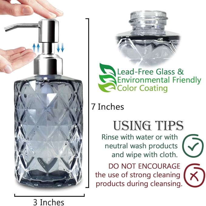 JASAI Diamond Design Glass Soap Dispenser with 304 Rust Proof Stainless Steel Soap Pump, 12 Ounce Kitchen Soap Dispenser for Bathroom, Hand Soap, Dish Soap (Grey)