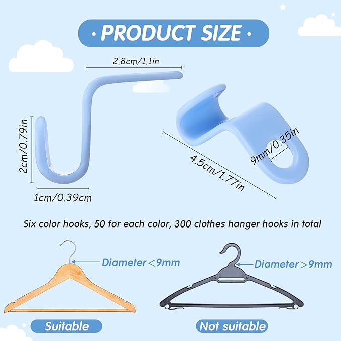 Fumete 300 Pcs Clothes Hanger Connector Hooks Extender Clips Heavy Duty Cascading Plastic Hanger Hooks Space Saver for Closet Space Saving Connection Coat Organizer(Fresh Colors)
