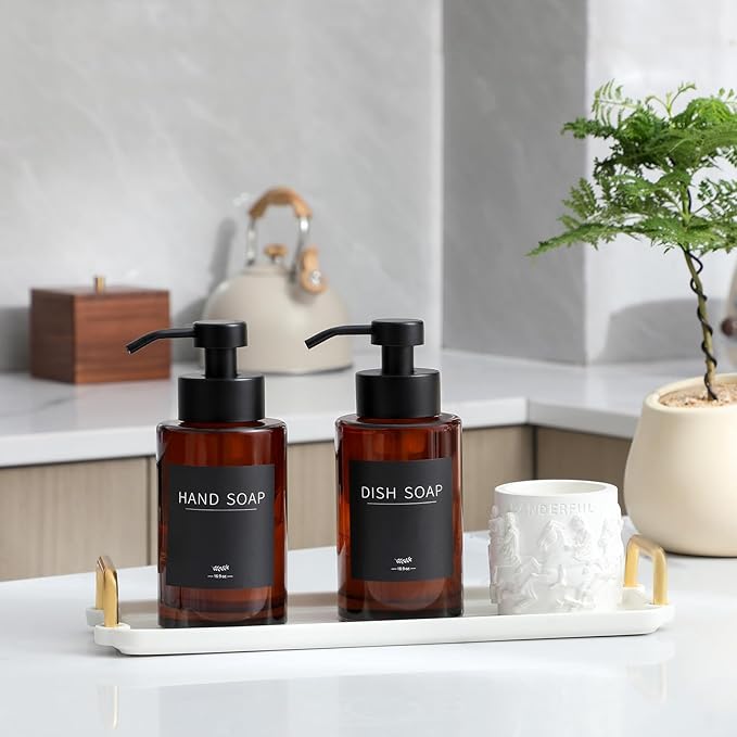 Foaming Soap Dispenser Set, 12 Oz Glass Hand Soap Dispenser with 304 Rust Proof Stainless Steel Pump, Waterproof Labels, for Bathroom Decor Kitchen College Dorm, Brown Black Pump 2 Pack