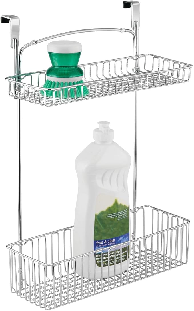 mDesign Over Cabinet Kitchen Storage Unit - Practical Organiser with Stainless Steel Storage Baskets - Hanging Cupboard Organiser for Cleaning Supplies and Cookware - Chrome