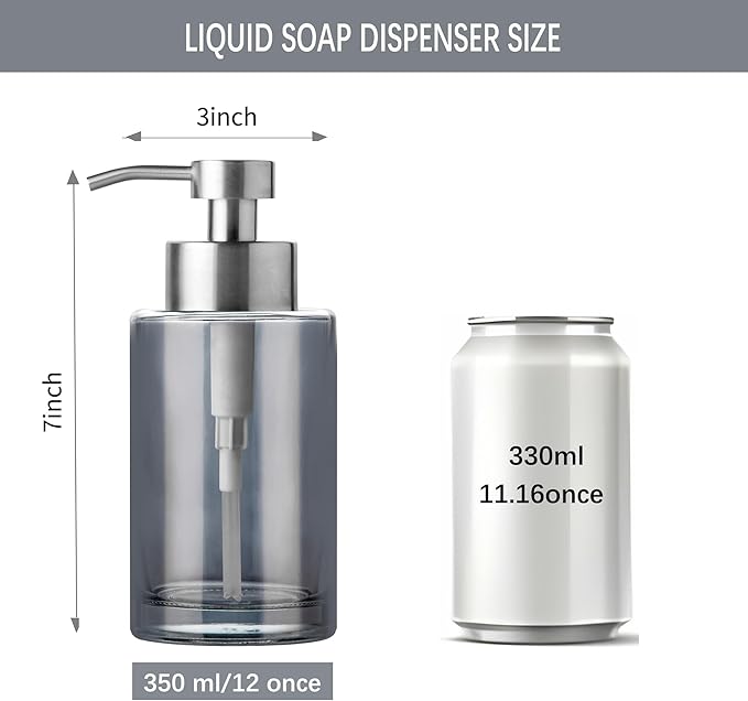 Enra Thick Glass Soap Dispenser with Stainless Steel Pump, 12oz Bathroom & Kitchen (Silver)