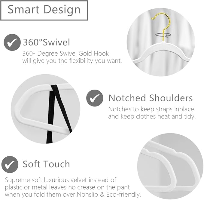 MIZGI Premium Velvet Hangers Pack 50 Pcs Heavyduty - Non Slip Slimline - Velvet Suit Hangers White - Gold Hooks,Space Saving Clothes Hangers