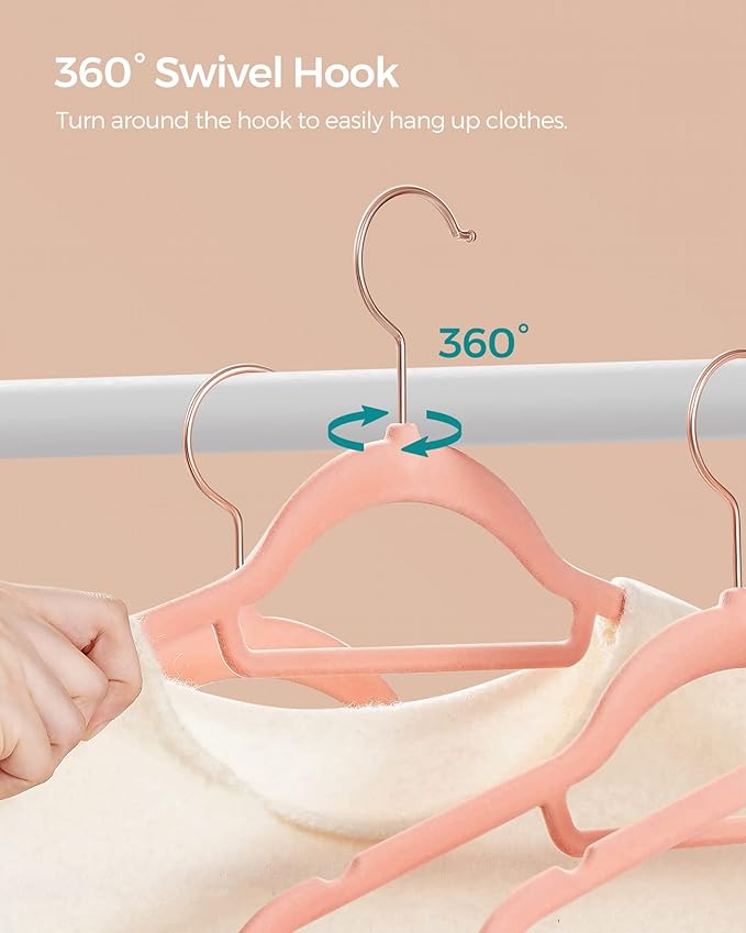 SONGMICS Velvet Hangers, Set of 100 Clothes Hanger with Rose Gold Swivel Hook, Non-Slip, and Space-Saving, 0.2-Inch Thick, 17.1-Inch Long for Coat, Shirt, Dress, Pants, Tie, Coral Pink UCRF021PK100