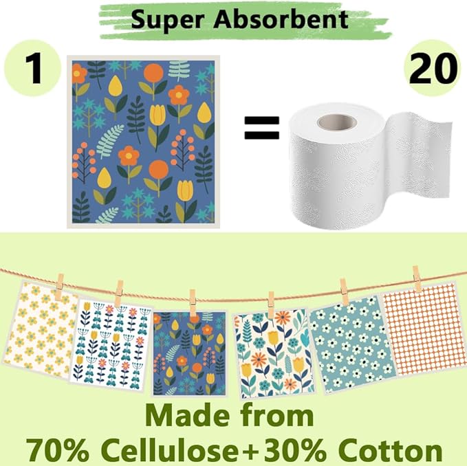 6Pcs 6 Styles Swedish Dish Cloth Floral Quick Drying Sponge 7.7 x 6.8 Inch for Kitchen Countertop Cleaning, Swedish Dishcloths Reusable Absorbent Decorative Towels for Dishes Tableware Use
