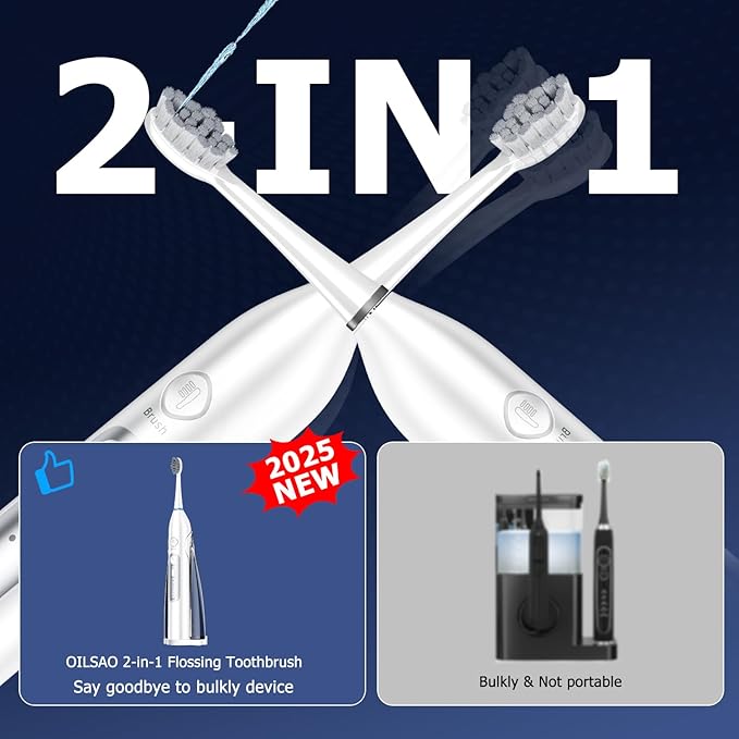 Electric Toothbrush with Water Flosser, All in One Sonic Flossing Toothbrush with 3 Modes & 5 Flossing Speeds & 4 Brush Heads, Rechargeable & Portable for Adult Teeth Cleaning,White