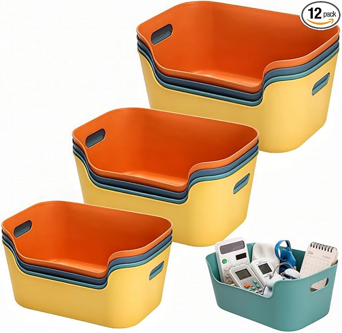 12 Pack Plastic Storage Bins and Baskets, Classroom Organizer Bins with Built-in Handle, Household Colorful Pantry Shelf Organization Container for Office Bedroom Countertop, 3 Sizes