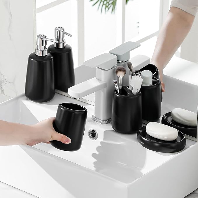 MALACASA Ceramic Bathroom Accessories Sets, 4 PCS,Soap Dispenser, Toothbrush Holder, Toothbrush Cup and Soap Dish, Durable Bathroom Sink Set for Modern Home Decor,Gift Set, Black