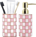 Bathroom Toothbrush Holder Set, Ceramic Checkered Soap Dispenser and Tooth Brush Holder Set, Modern Bathroom Accessories Sets Countertop, Black and White Checkered Bathroom Decor Set (Pink)