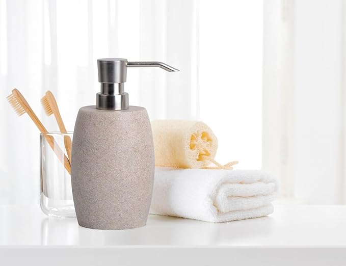 Sandstone Textured Resin Soap Dispenser with Metallic Pump and Waterproof Bottle Labels for Bathroom Kitchen Dish Hand Wash Shower Lotion Shampoo, 12 Oz, 2 Sets Beige
