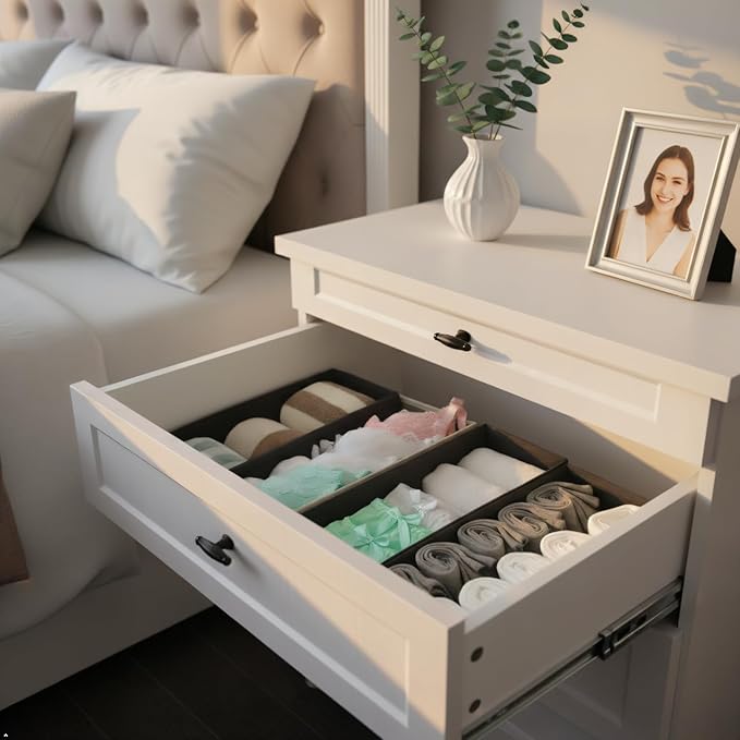 Sock Drawer Organizer 3 Pack - Foldable Fabric Storage Bins for Underwear Divider, Small Closet Organizers with 3 Compartments, Light Gray