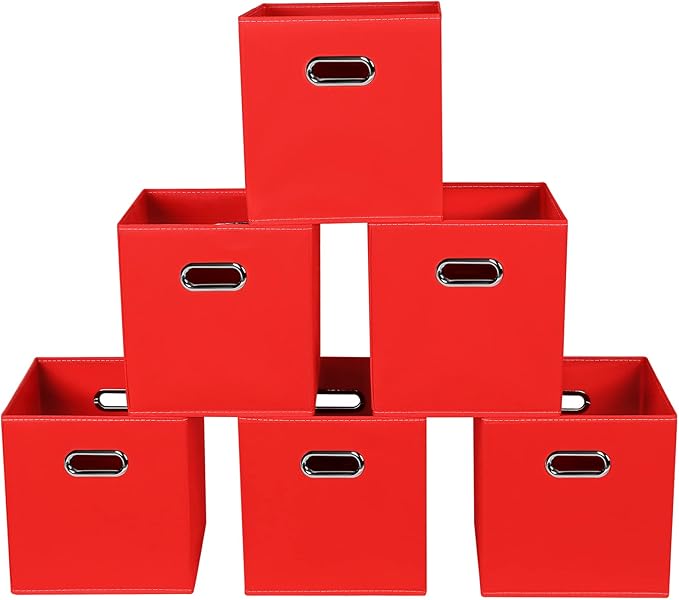 Fabric storage bins Cubes, Fabric Cube Organizer with Handle, Foldable Cube Bins for Cloth or Accessary Storage, 11x11x11, Set of 6, (Red)