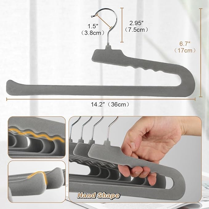 Velvet Non Slip Felt Pants Hangers, 32 Pack - Slim & Sleek Heavy Duty Space Saving Closet Hangers with 360 Swivel Hook - Tank Top, Suit Pants, Towel (Grey)