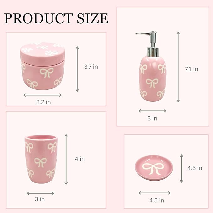 Bow Bathroom Set, 4 Pcs Ceramic Bathroom Accessory Sets - Soap Dispenser, Tumbler Toothbrush Holder, Vanity Soap Tray, Cotton Swab Jars - Pink Bathroom Decor Gift for Her (Pink)
