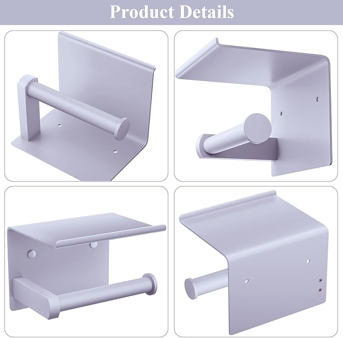 Tindbea Toilet Paper Holder with Shelf Adhesive or Screw Wall Mounted Toilet Paper Roll Dispenser Storage, Stainless Steel Bathroom Shelf Holder Accessories (Lavender Purple)