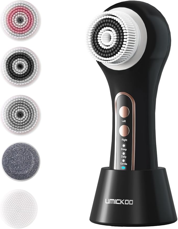 Electric Facial Cleansing Brush, 2-Way Rotating Face Scrubber for Daily & Deep Cleaning, 3 Modes, 5 Brush Heads, Rechargeable, IPX7 Waterproof for All Skin Types