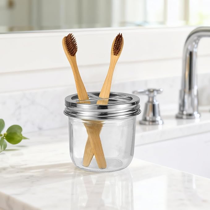Amolliar Mason Jar Bathroom Accessories Set 4 Pcs -Lotion Soap Dispenser & 2 Qtip Holders & Toothbrush Holder - Rustic Farmhouse Decor, Bathroom Home Decor (Brushed Nickel)