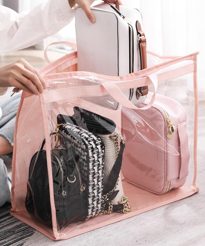 CINPIUK Handbag Dust Bags Clear Purse Storage Organizer for Closet Small to Extra Large Handbags Dust Free Bags Hanging Zipper Storage Bag with Hooks, (Pink, 4 Sizes-4PCS)