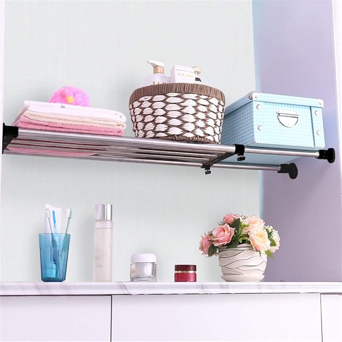 BAOYOUNI Adjustable Closet Shelf Expandable Shelves Tension Rod Hanger Space Saving Storage Rack Organizer Divider for Wardrobe, Cupboard, Kitchen, Bathroom Use, Black, 2 Pack